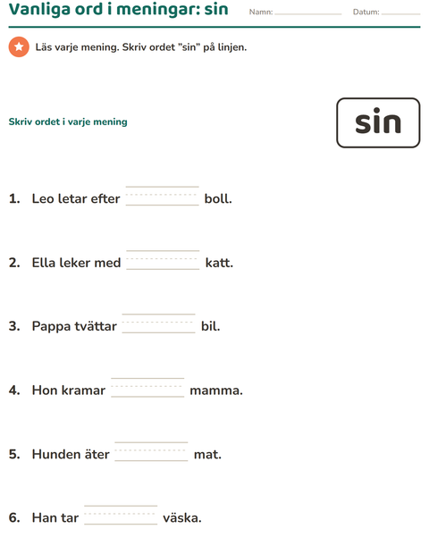 Förhandsvisning av Högfrekventa ord-arbetsblad för Förskoleklass