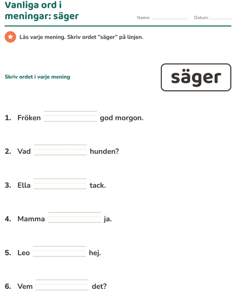 Förhandsvisning av Högfrekventa ord-arbetsblad för Förskoleklass