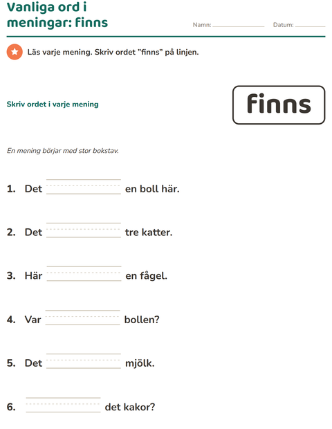 Förhandsvisning av Högfrekventa ord-arbetsblad för Förskoleklass