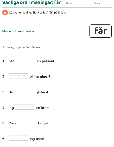 Förhandsvisning av Högfrekventa ord-arbetsblad för Förskoleklass