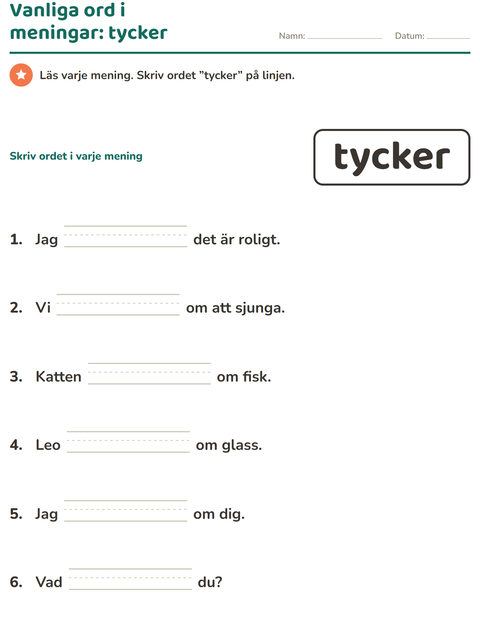 Förhandsvisning av Högfrekventa ord-arbetsblad för Förskoleklass