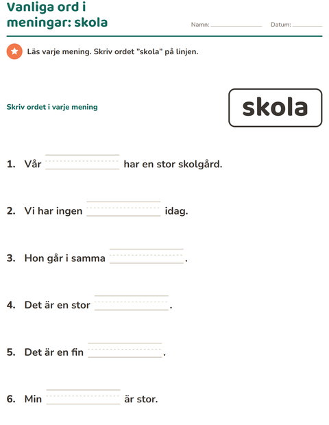 Förhandsvisning av Högfrekventa ord-arbetsblad för Förskoleklass