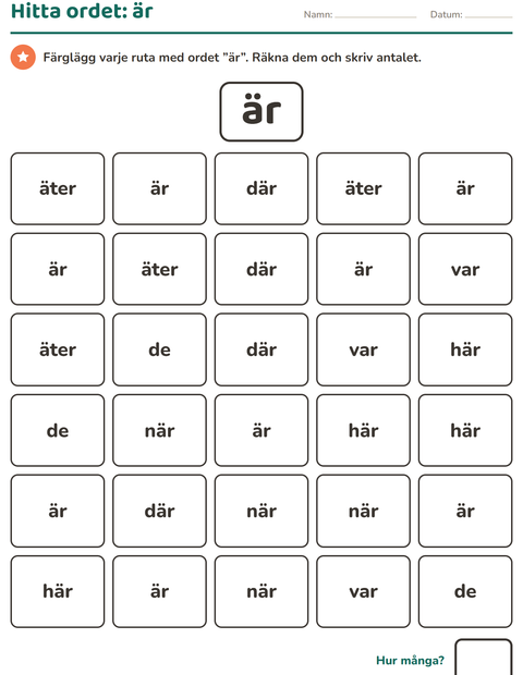 Förhandsvisning av Högfrekventa ord-arbetsblad för Förskoleklass