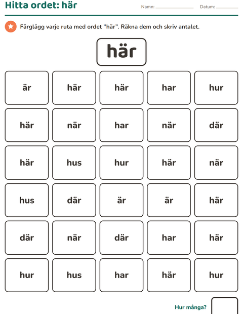 Förhandsvisning av Högfrekventa ord-arbetsblad för Förskoleklass