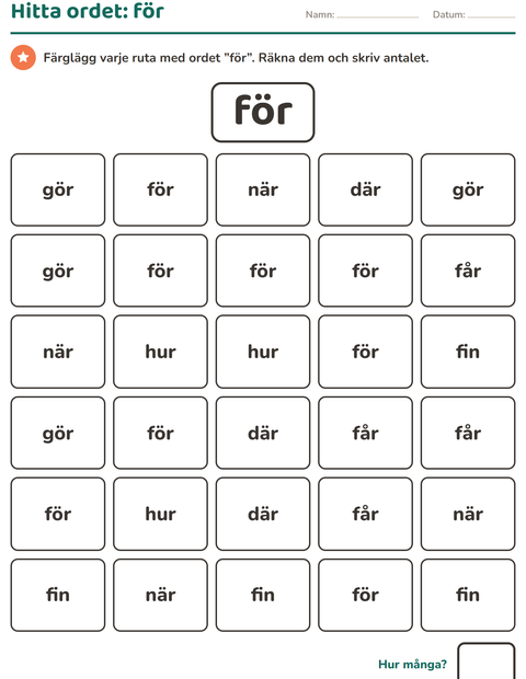 Förhandsvisning av Högfrekventa ord-arbetsblad för Förskoleklass