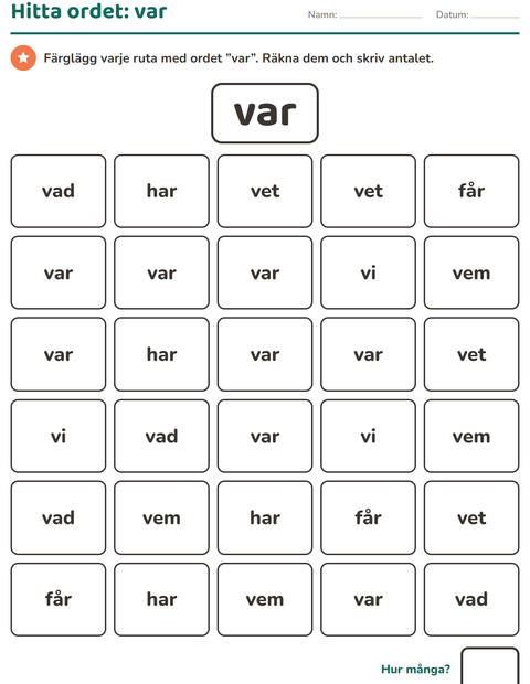 Förhandsvisning av Högfrekventa ord-arbetsblad för Förskoleklass