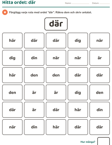 Förhandsvisning av Högfrekventa ord-arbetsblad för Förskoleklass