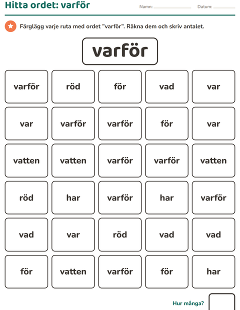 Förhandsvisning av Högfrekventa ord-arbetsblad för Förskoleklass