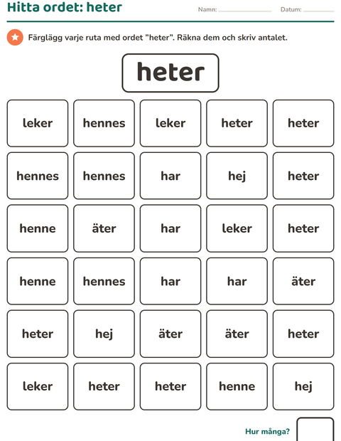 Förhandsvisning av Högfrekventa ord-arbetsblad för Förskoleklass