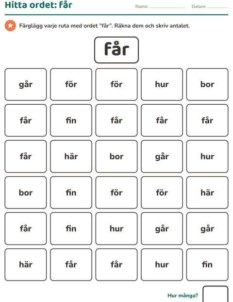 Förhandsvisning av Högfrekventa ord-arbetsblad för Förskoleklass