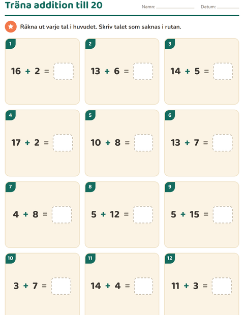 Förhandsvisning av Träna addition upp till 20