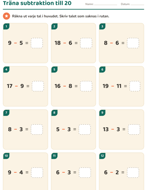 Träna subtraktion upp till 20