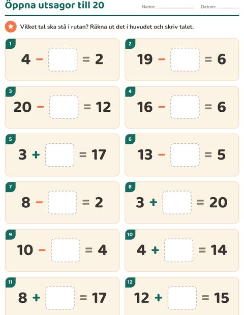 Förhandsvisning av Huvudräkning-arbetsblad för Årskurs 1