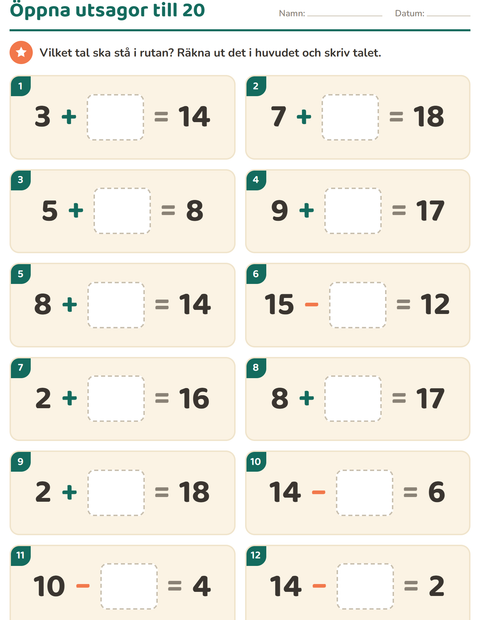 Förhandsvisning av Huvudräkning-arbetsblad för Årskurs 1
