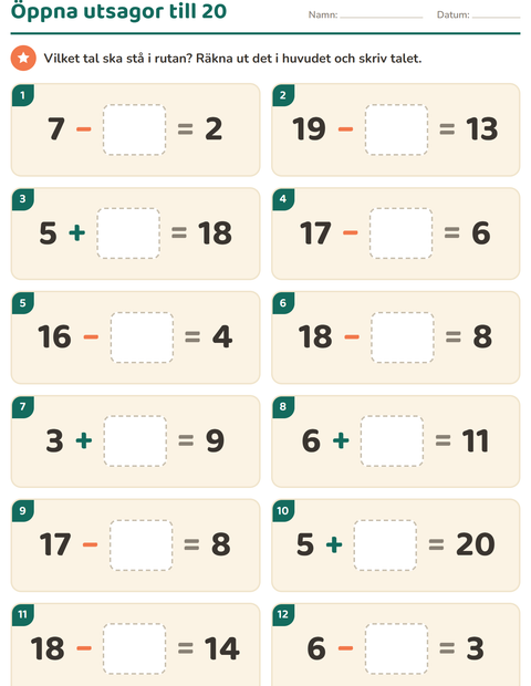 Förhandsvisning av Huvudräkning-arbetsblad för Årskurs 1