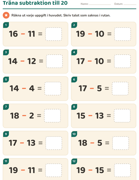 Förhandsvisning av Huvudräkning-arbetsblad för Årskurs 1