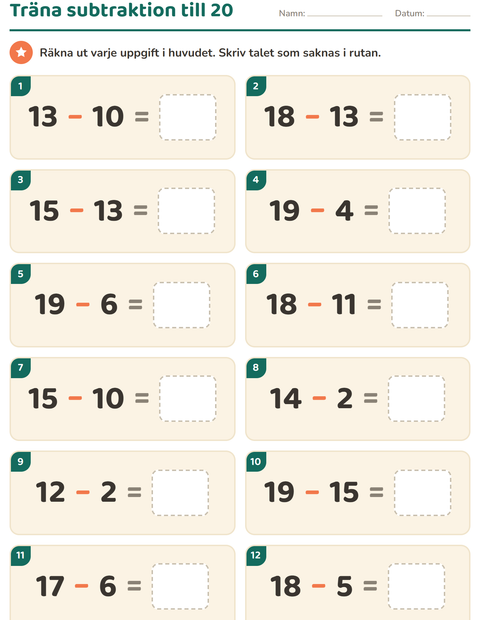 Förhandsvisning av Huvudräkning-arbetsblad för Årskurs 1
