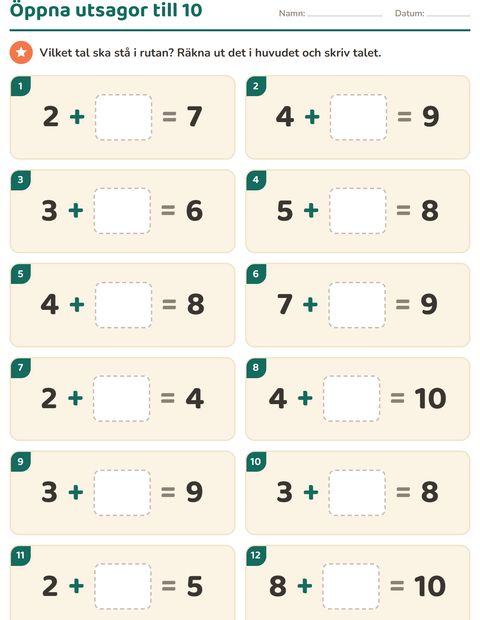 Förhandsvisning av Huvudräkning-arbetsblad för Årskurs 1