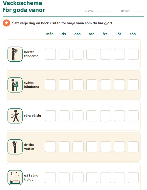 Förhandsvisning av Veckoschema för goda vanor