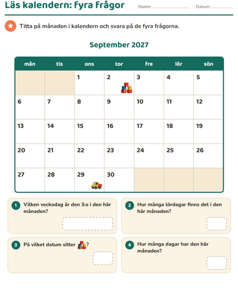 Förhandsvisning av Kalendern-arbetsblad för Årskurs 2