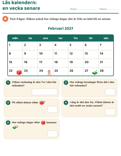 Förhandsvisning av Kalendern-arbetsblad för Årskurs 2