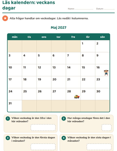 Förhandsvisning av Läs kalendern – veckans dagar uppifrån och ner