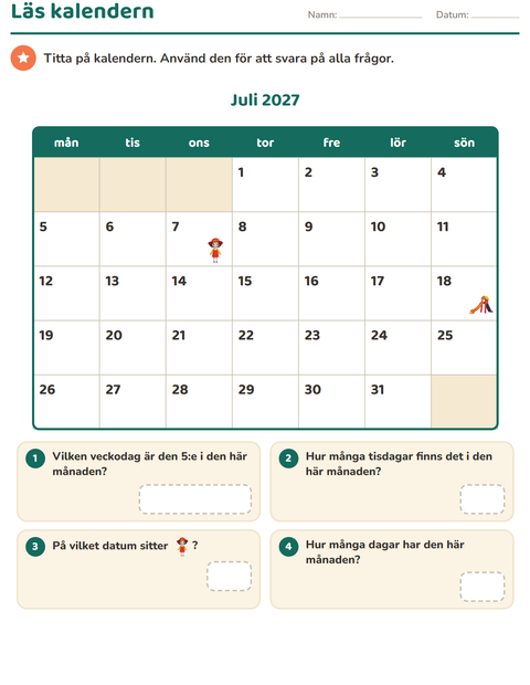 Förhandsvisning av Kalendern-arbetsblad för Årskurs 2