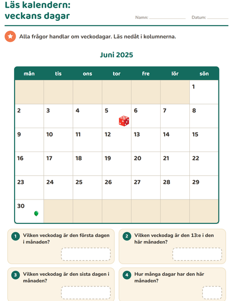 Förhandsvisning av Kalendern-arbetsblad för Årskurs 2