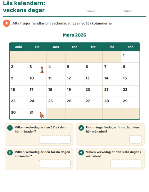 Förhandsvisning av Kalendern-arbetsblad för Årskurs 2