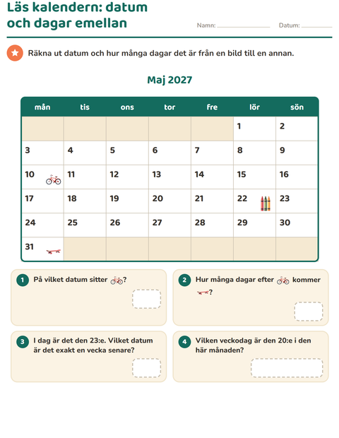 Förhandsvisning av Kalendern-arbetsblad för Årskurs 2