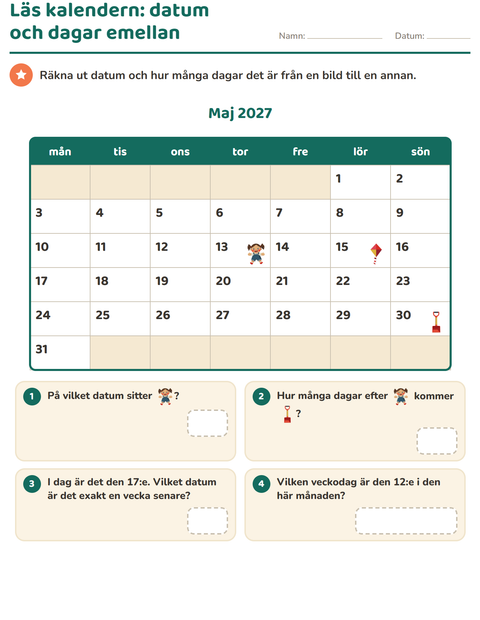 Förhandsvisning av Kalendern-arbetsblad för Årskurs 2