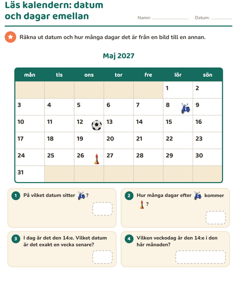 Förhandsvisning av Kalendern-arbetsblad för Årskurs 2