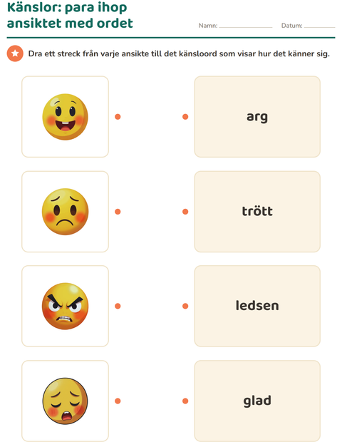 Förhandsvisning av Känslor-arbetsblad för Förskoleklass