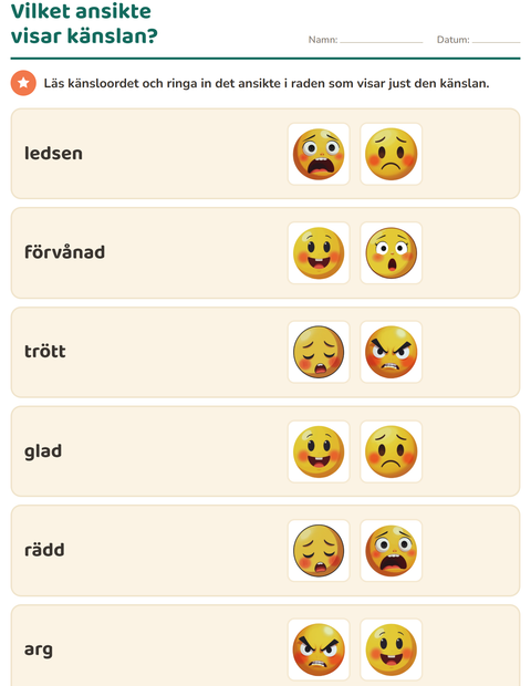 Förhandsvisning av Känslor-arbetsblad för Förskoleklass