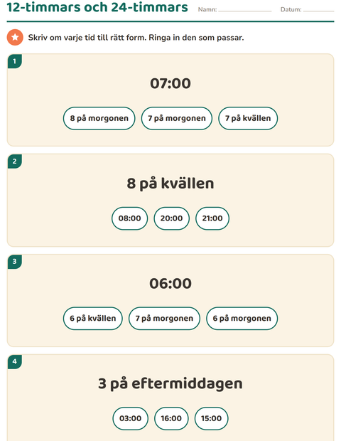 Förhandsvisning av Klockan-arbetsblad för Årskurs 3