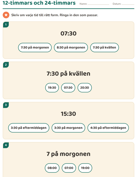Förhandsvisning av Klockan-arbetsblad för Årskurs 3