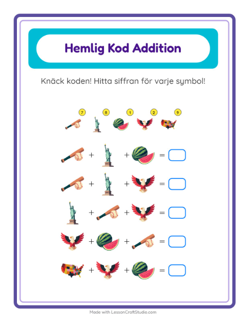 Förhandsvisning av Kodaddition-arbetsblad med 4 juli för Förskoleklass
