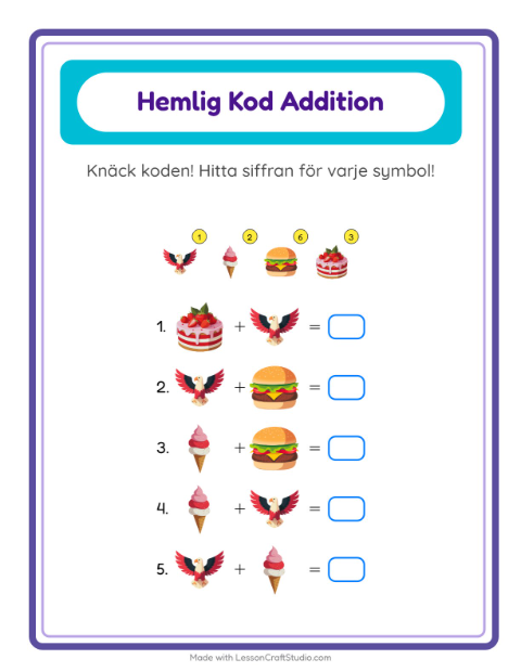 Förhandsvisning av Kodaddition-arbetsblad med 4 juli för Förskoleklass