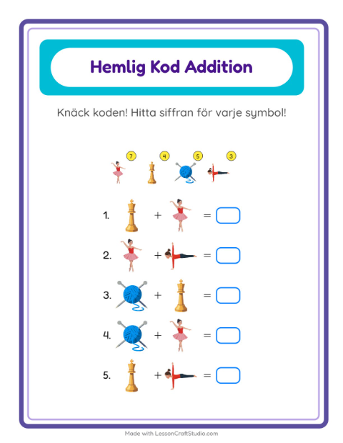 Förhandsvisning av Kodaddition-arbetsblad med Aktiviteter för Förskoleklass