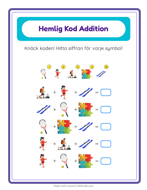 Förhandsvisning av Kodaddition-arbetsblad med Aktiviteter för Förskoleklass