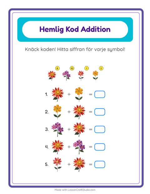 Förhandsvisning av Räknekod med blommor – arbetsblad för årskurs 1