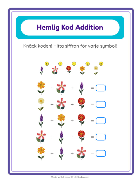 Förhandsvisning av Kodaddition-arbetsblad med Blommor för Förskoleklass