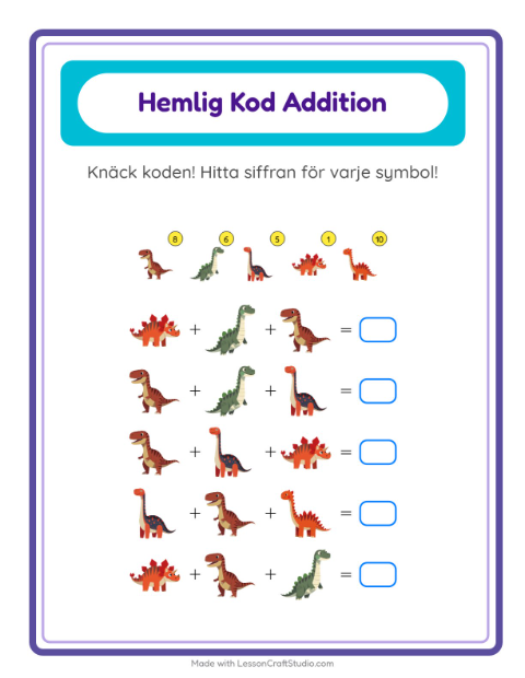 Räknekod med dinosaurier – arbetsblad för årskurs 1 — 2