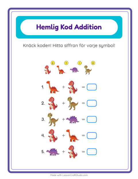 Förhandsvisning av Kodaddition-arbetsblad med Dinosaurier för Förskoleklass