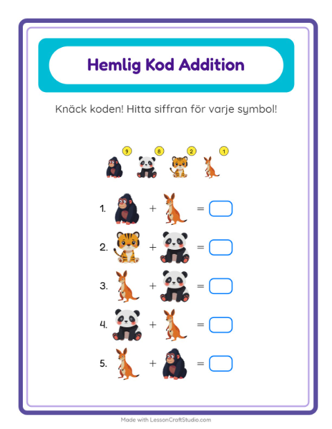 Förhandsvisning av Kodaddition-arbetsblad med Djurparksdjur för Förskoleklass
