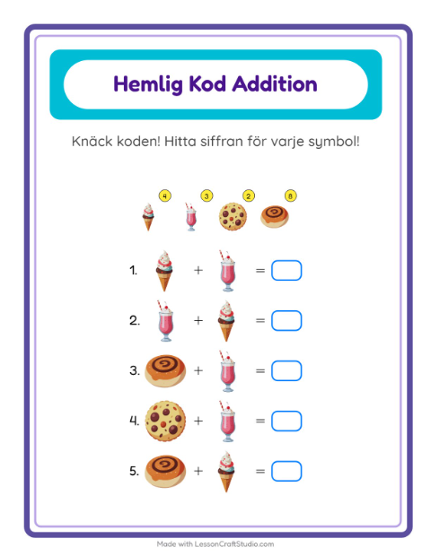 Förhandsvisning av Kodaddition-arbetsblad med Efterrätter och godis för Förskoleklass