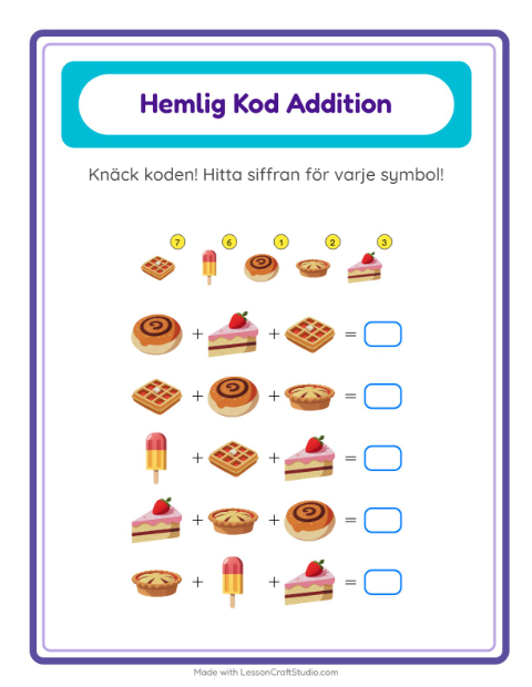 Förhandsvisning av Kodaddition-arbetsblad med Efterrätter och godis för Förskoleklass