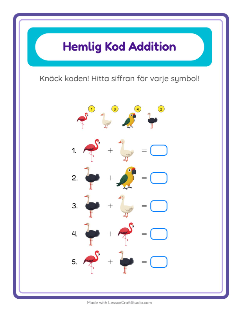 Förhandsvisning av Kodaddition-arbetsblad med Fåglar 2 för Förskoleklass