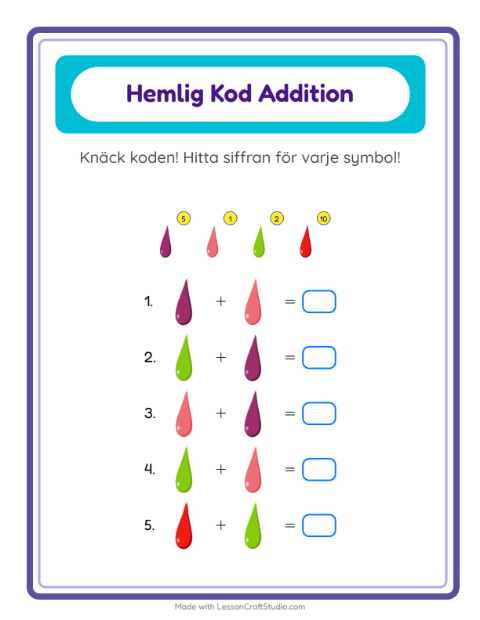 Förhandsvisning av Kodaddition-arbetsblad med Färger för Förskoleklass