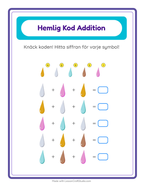 Förhandsvisning av Kodaddition-arbetsblad med Färger för Förskoleklass